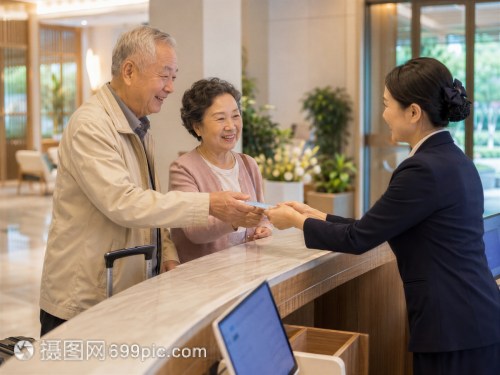 酒店大堂老年客人遞卡片給前臺(tái)